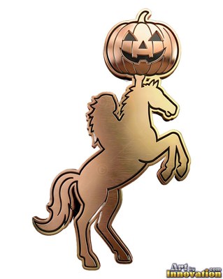 A headless rider on a rearing horse raises a carved pumpkin, finished in warm bronze