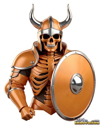 Facing forward against white, a bronze skeleton warrior holds a round shield