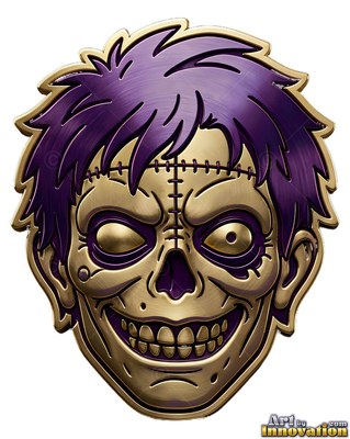A brass monster badge grinning with stitched skin and purple hair