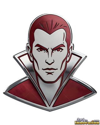 On a white backdrop, a silver and dark red vampire badge faces forward
