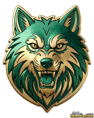 Snarling forward, a metallic werewolf badge gleams in green and gold