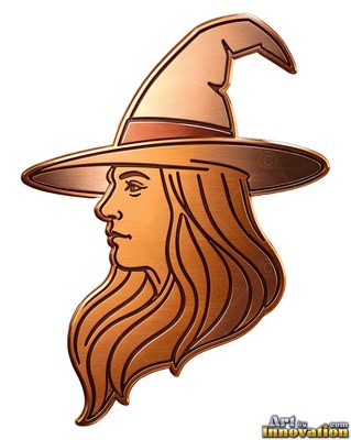Copper witch badge shown in side profile wearing a pointed hat