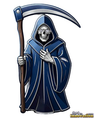 Draped in a dark blue hooded cloak, a skeletal reaper holds a scythe on white