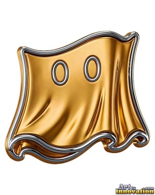 Pointing straight forward, a gold ghost emblem shaped like a sheet floats in midair