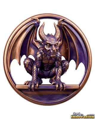 A bronze and purple gargoyle perches with spread wings inside a round frame