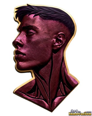 Against a white backdrop, a purple metallic bust shows a man in profile looking left