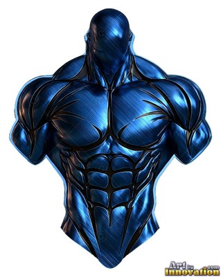 Standing upright, a faceless man with a muscular blue metal chest cut out on white
