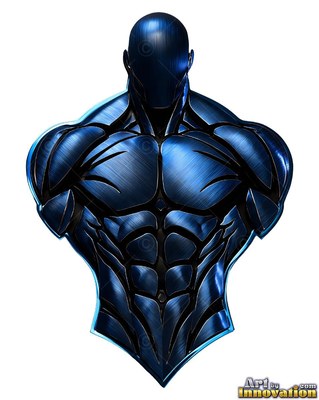 Man with defined muscles torso made of dark blue brushed metal