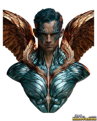 Copper wings rise behind a winged man in teal armor against a plain white space