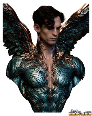 A winged man looks down with teal wings and copper vines across his chest