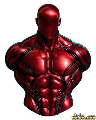 Looking straight ahead, a red metallic bust of a man with defined muscles rests on white background