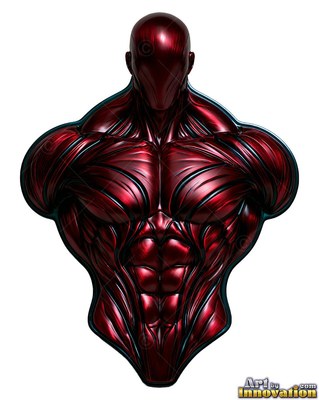 Muscular metallic red bust of a faceless man with black grooves