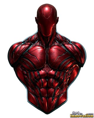 Against a solid white field, a muscular metallic red bust of a faceless man