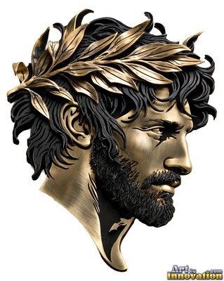 Facing to the side, a bearded bronze man wears a crown of laurel leaves