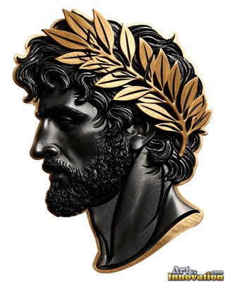 Black metal bust of a bearded man wearing a gold laurel wreath