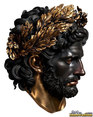 A gold laurel wreath crowns the dark bronze bust of a bearded man on plain white