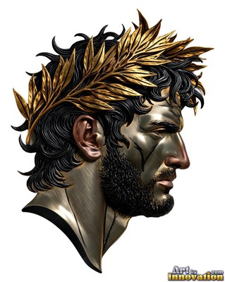 A bronze bust of a bearded man looks right while wearing a wreath of gold leaves