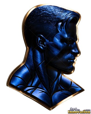 Profile of a blue metallic man in front of a plain white backdrop