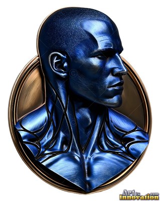 A blue metallic bust of a man looking to the side inside a bronze oval frame