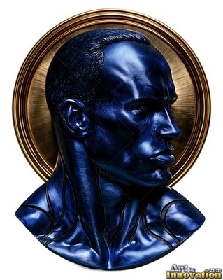 Inside a round gold frame, a dark blue metallic man looks to the side