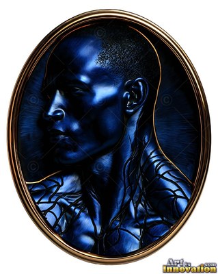 Facing left, a dark blue metallic man rests inside an oval copper frame