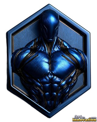 Blue metallic man bust inside a hexagonal frame