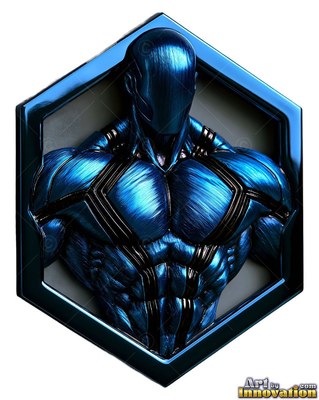 Brushed blue chest muscles define a metallic man set inside a hexagonal frame