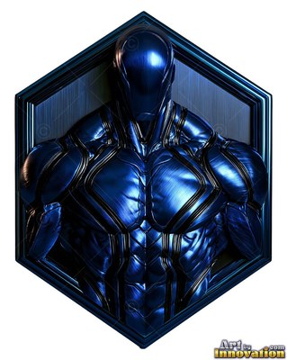 A metallic man stands inside a dark hexagon with shiny blue highlights on his chest