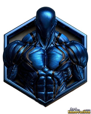 Turned toward the viewer in a hexagon frame, a muscular blue metallic man stands headless