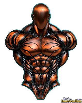 A faceless man with defined muscles sculpted from shiny copper metal with dark ridges