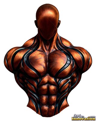Against a white backdrop, a faceless man with defined muscles appears as a copper bust