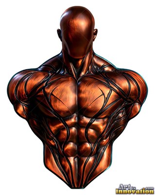Front-facing, a faceless toned man stands as a copper bust carved in metal with black lines