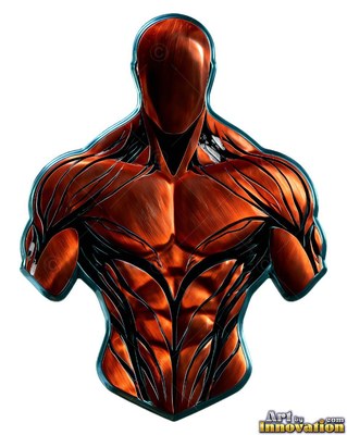 Muscular bust carved in metal of a faceless man in dark copper and black