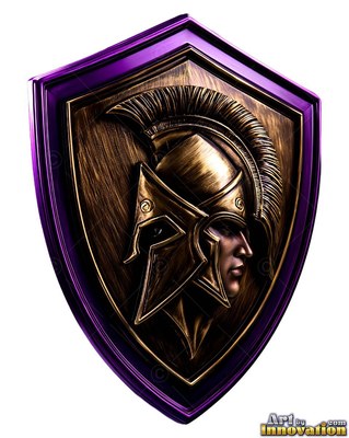 Crested bronze helmet on a carved man upon a purple shield on white