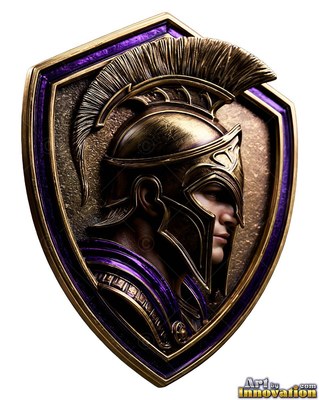 A helmeted man looks to the side on a bronze shield trimmed in deep purple