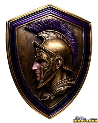 In profile on a bronze shield, a helmeted man wears a purple crest