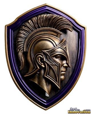 A bronze bust of a man in a spartan helmet sits on a purple shield badge