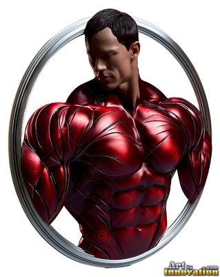 Inside a silver ring, a toned man poses in metallic red armor