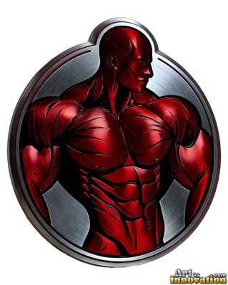 Posing in profile, a muscular metallic red man stands inside a round silver badge