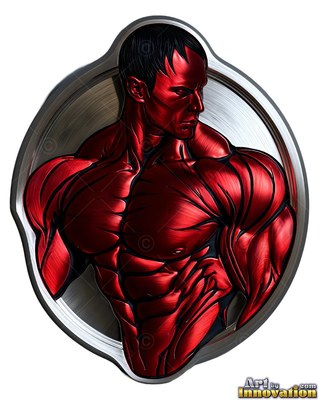 Muscular red bust sculpted from metal of a man inside a silver oval frame