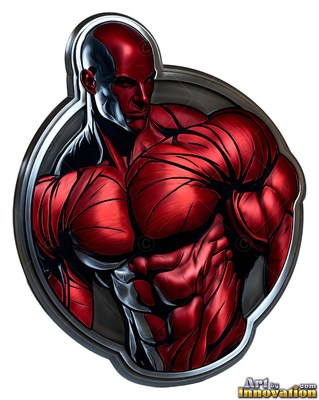 Red metallic muscles shape the torso of a man inside a silver oval frame