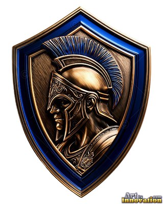 A helmeted man faces left inside a bronze shield edged with bright blue trim