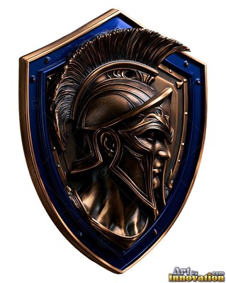 Profile of a bronze helmeted man carved on a blue shield against white