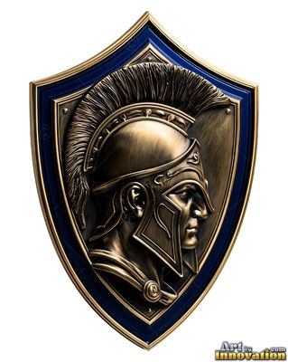A bronze shield badge showing a Spartan man in a crested helmet facing right