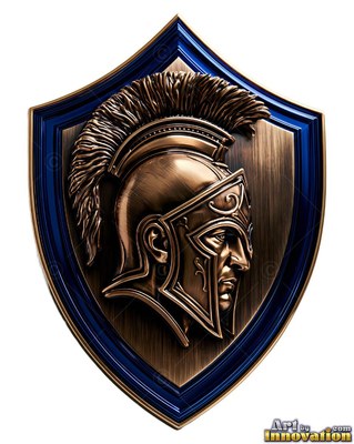 On a blue-bordered bronze shield, a man wears a crested Greek helmet in profile