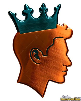 Facing to the side, a copper metallic man wears a teal crown on his head