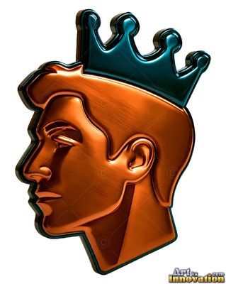 A copper metal head of a man wearing a dark teal crown in profile