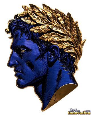 A golden laurel wreath crowns a blue metallic man in profile on a plain white field