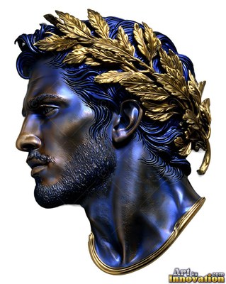 A bearded man in profile looks forward wearing a gold laurel wreath upon blue steel skin