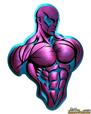 Angled in three-quarter view, a muscular metallic man shines in purple on a solid white field